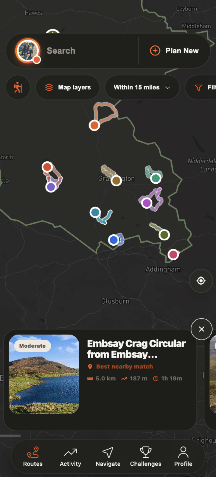 Routes map and route cards in Go Guide dark mode